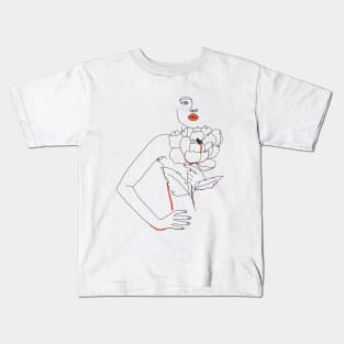 Minimal Woman line art. Abstract one line woman face with peony flower. Kids T-Shirt